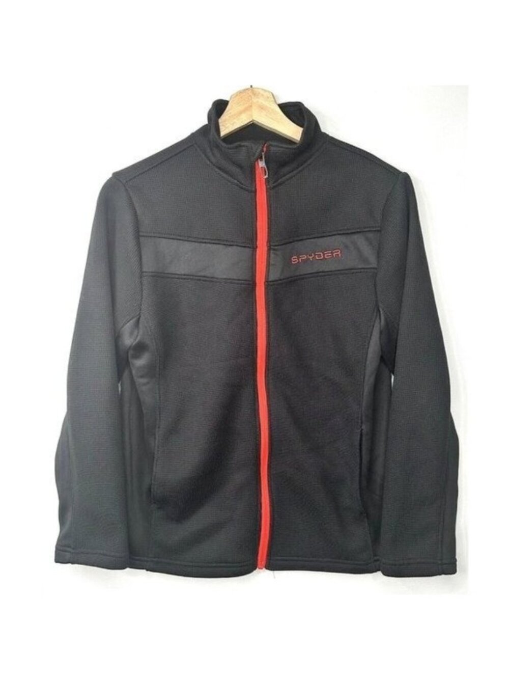Spyder Jacket Boys XL 14/16 Black Red Zip Fleece Lined Athletic Logo Waffle Knit